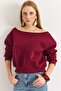 Burgundy Three-Threaded Ribbed Boat Neck Long Sleeve Ribbed Detailed Relaxed Fit Sweatshirt