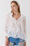 White V-Neck Long Sleeve Relaxed Fit Buttoned Blouse with Ruffle Detail and Elastic Cuffs - 3