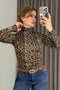 Brown Cashmere Textured Turtleneck Blouse with Transparent Detail and Leopard Print - 2