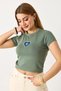 Green Crew Neck Short Sleeve Slim Fit Crop Blouse with Heart Embroidery and Stone Detail - 2