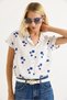 White Blue Linen Fabric Half Sleeve Buttoned Single Pocket Floral Pattern Classic Collar Shirt