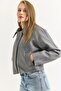 Gray Cashmere Fabric Shirt Collar Cropped Cut Button Closure Functional Jacket with Side Pockets - 3