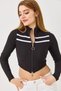 Black Stretchy Fabric High Neck Double Stripe Zipper Front Long Sleeve Slim Fit Knitted Blouse - 3