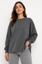 Anthracite Cotton Crew Neck Long Sleeve Sweatshirt with Side Slit Detail and Relaxed Fit - 2