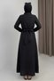 Black Woven Fabric Shirt Collar Long Sleeve Straight Cut Full Length Buttoned Belted Dress - 3