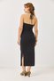 Black Sandy Fabric Slim Fit Dress with Neck Accessory, Side Gathering and Slit Detail - 7