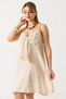 Beige Muslin Fabric Thin Straps Mini Dress with Large Bow Detail and Comfortable Cut - 3