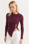 Burgundy Stretchy Textured Crew Neck Long Sleeve Ribbed Blouse with Side Buckles and Slits - 2