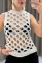Beige Knitted Fabric Crew Neck Comfortable Fit Thick Straps Perforated Mesh Detailed Mercerized Blouse - 3