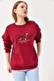 Burgundy Cotton Crew Neck Drop Shoulder Three-Thread Sweatshirt with Raised Embroidery Detail - 3