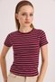 Burgundy Cotton Lycra Stretch Fabric Crew Neck Short Sleeve Compact Striped T-Shirt - 3