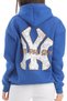 Blue Cotton Three-Thread Hooded Low-Shoulder Kangaroo Pocket Print Detailed Sweatshirt - 5