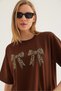 Brown Cotton Crew Neck Short Sleeve Basic T-Shirt with Ribbon Print Detail - 4