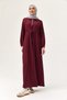 Burgundy Cotton Lycra Wrinkled Textured Shirt Collar Waist Tunnel Tie Detail Dress - 3