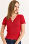 Red Camisole Textured V-Neck Detailed Short Sleeve Easy-To-Coordinate Form-Fitting T-Shirt - 4