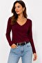 Burgundy Viscose Lycra Stretch Fabric V-Neck Long Sleeve Slim Fit Knitted Basic Piece Blouse - 2