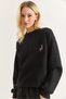 Black Woven Fabric Crew Neck Regular Fit Deer Embroidered Three-Thread Sweatshirt - 2