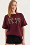 Burgundy Cotton Crew Neck Drop Shoulder Regular Fit Ribbon Print Detailed Basic T-Shirt