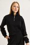 Black Cotton High Collar Half Zipper Detailed Long Sleeve Ribbed Crop Sweatshirt