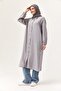 Gray Linen Fabric Shirt Collar Off-Shoulder Full Length Buttoned Long Hijab Tunic - 3