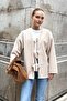 Beige Cashmere Fabric V-Neck Off-Shoulder Wide Cut Jacket with Front Tie Detail - 2