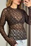Brown Lace Textured Crew Neck Long Sleeve Standard Fit Blouse with Transparent Detail - 2