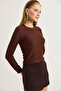 Coffee Ottoman Fabric Crew Neck Long Sleeve Comfortable Fit Blouse with Stone Embroidered Detail on the Front - 5