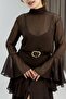 Brown Chiffon Fabric Lined Body and Belt Detailed Ruffled Comfortable Fit Dress - 4