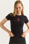 Black Corduroy Crew Neck Short Sleeve Slim Fit Knitted Blouse with Cherry Embroidery Detail - 4