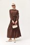 Brown Woven Fabric Half Buttoned Belted Waist Long Sleeve Relaxed Cut Dress