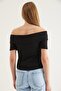 Black Viscose Blend Stretchy Textured Off-The-Shoulder Short Sleeve Blouse with Button Detail - 3