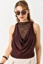 Brown Stretchy Fabric Degaje Collar Backless Lace Detailed Sleeveless Knitted Blouse - 3