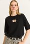 Black Cotton Fabric Crew Neck Short Sleeve Heart-Cut Stone Embroidered Detailed T-Shirt - 5
