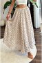 Cream Woven Fabric Skirt with Elastic Waist, Lined Inside, Loose Cut, Long Polka Dot Patterned Skirt - 3