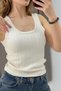 Cream Ribbed Stretch Fabric Wide Collar Zero Sleeve Regular Fit Comfortable Cut Knitted Blouse - 3
