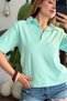 Green Cotton Ribbed Fabric Padded Polo Collar Short Sleeve Comfortable Fit T-Shirt - 3