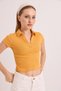 Mustard Knitted Camisole Fabric Polo Collar Short Sleeve Basic Ribbed Crop Form Blouse - 5