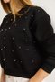 Black Three-Thread Fabric Crew Neck Relaxed Fit Stone Detailed Long Sleeve Sweatshirt - 5