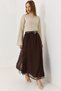 Brown Chiffon Fabric Lined Beltless Comfortable Cut Long Shirred Woven Skirt - 3