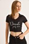 Black Cotton Blend Collared Short Sleeve Crop Blouse with Print and Zipper Detail