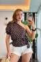 Brown Woven Fabric One-Shoulder Short-Sleeved Standard Cut Waist-Tied Polka Dot Blouse