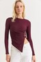 Burgundy Stretchy Textured Crew Neck Long Sleeve Ribbed Blouse with Side Buckles and Slits - 5