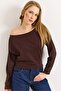 Brown Soft Textured Waist-Banded Bat Sleeve Boat Neck Comfortable Fit Casual Knitted Blouse