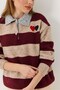 Mink Knitwear Textured Striped Polo Collar Low Shoulder Heart Embroidery Detailed Knitted Sweater - 3
