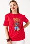 Red Cotton Crew Neck Short Sleeve Modern Cut Teddy Bear Printed T-Shirt - 2