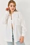 White Stretchy Textured Off-Shoulder Loose Cut Single Pocket Long Sleeve Buttoned Shirt