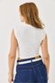 White Ribbed Textured Crew Neck Sleeveless Slim Fit Stone Embroidered Detailed Crop Blouse - 5