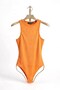 Orange Stretchy Ribbed Textured Crew Neck Sleeveless Bodysuit Blouse with Snap Buttons at the Bottom - 3
