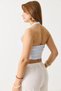Blue Stretchy Textured Halter Neck Sleeveless Crop Blouse with Body-Fitting Fit - 5