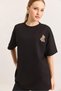 Black Two-Strand Stretch Fabric Crew Neck Drop Shoulder Oversize Teddy Bear Embroidered T-Shirt - 4